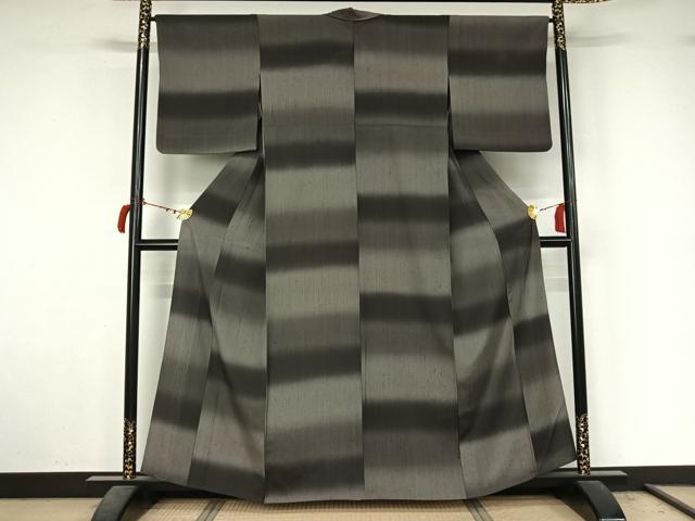 平和屋着物▽上質な紬　単衣　横段文　正絹　逸品　AABL9086jh