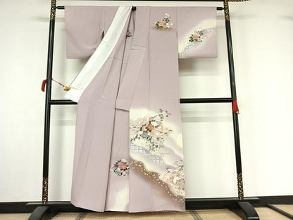 平和屋着物▽訪問着　単衣　花車文　暈し染め　金彩　正絹　逸品　AABL9095jh