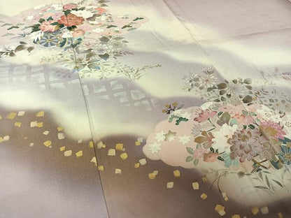 平和屋着物▽訪問着　単衣　花車文　暈し染め　金彩　正絹　逸品　AABL9095jh