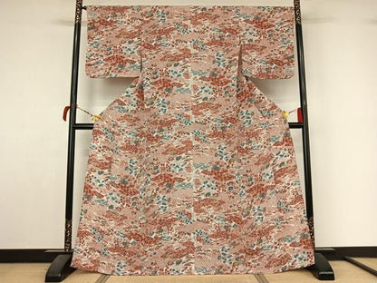 平和屋着物▽上質な小紋　単衣　型染め　流水花文　鬼しぼ縮緬　正絹　逸品　AABL9100jh