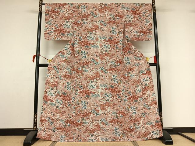 平和屋着物▽上質な小紋　単衣　型染め　流水花文　鬼しぼ縮緬　正絹　逸品　AABL9100jh