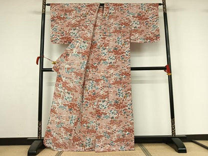平和屋着物▽上質な小紋　単衣　型染め　流水花文　鬼しぼ縮緬　正絹　逸品　AABL9100jh