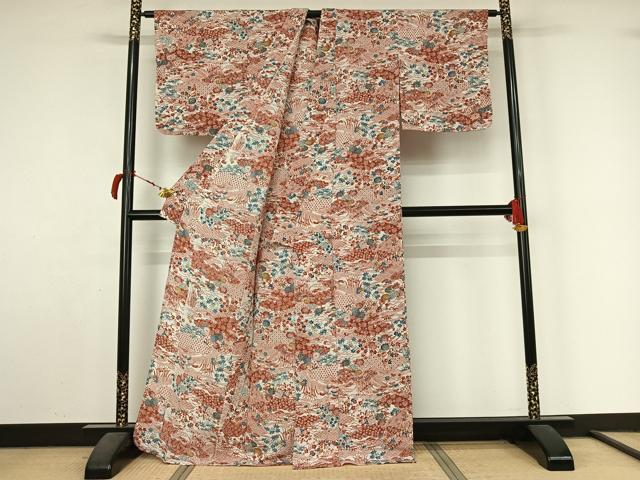 平和屋着物▽上質な小紋　単衣　型染め　流水花文　鬼しぼ縮緬　正絹　逸品　AABL9100jh