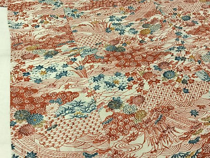 平和屋着物▽上質な小紋　単衣　型染め　流水花文　鬼しぼ縮緬　正絹　逸品　AABL9100jh