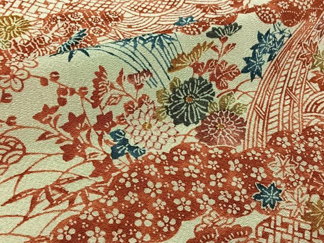 平和屋着物▽上質な小紋　単衣　型染め　流水花文　鬼しぼ縮緬　正絹　逸品　AABL9100jh