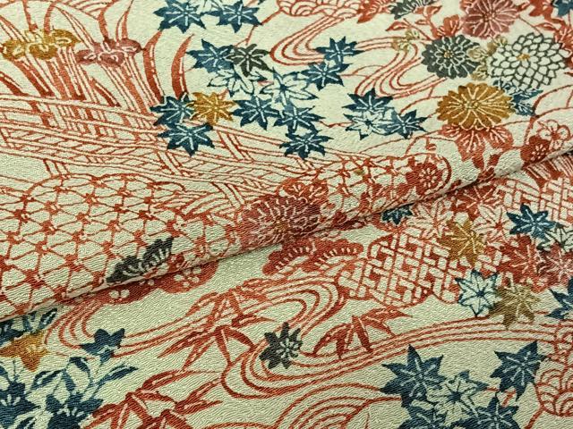 平和屋着物▽上質な小紋　単衣　型染め　流水花文　鬼しぼ縮緬　正絹　逸品　AABL9100jh