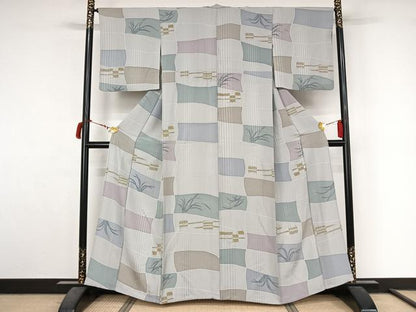 平和屋着物▽上質な小紋　単衣　草葉文　正絹　逸品　AABL9102jh