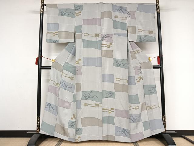 平和屋着物▽上質な小紋　単衣　草葉文　正絹　逸品　AABL9102jh
