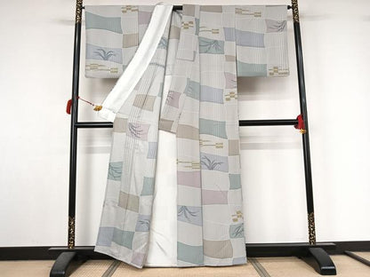 平和屋着物▽上質な小紋　単衣　草葉文　正絹　逸品　AABL9102jh