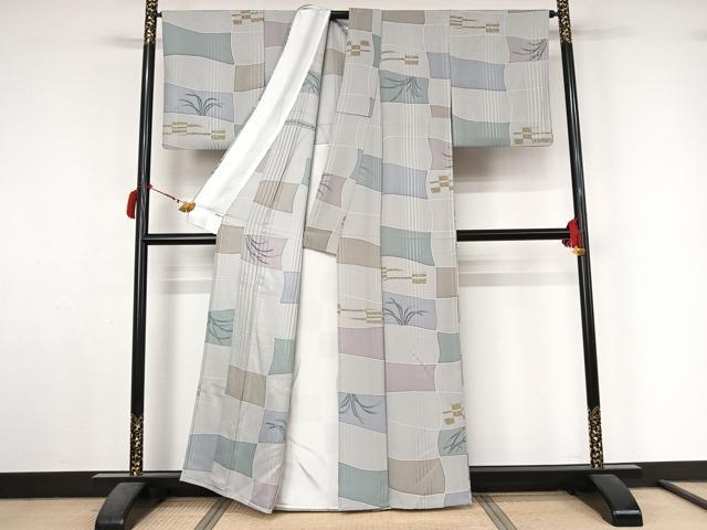 平和屋着物▽上質な小紋　単衣　草葉文　正絹　逸品　AABL9102jh