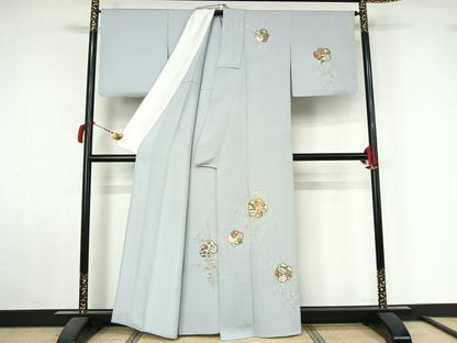 平和屋着物▽訪問着　単衣　駒刺繍　雪輪花文　金彩　正絹　逸品　AABL9103jh