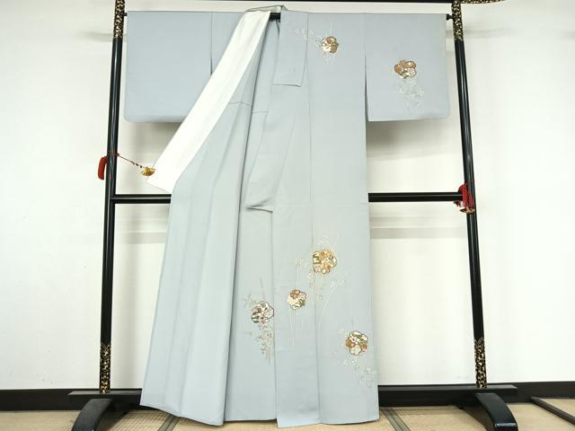 平和屋着物▽訪問着　単衣　駒刺繍　雪輪花文　金彩　正絹　逸品　AABL9103jh