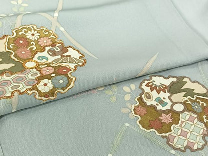 平和屋着物▽訪問着　単衣　駒刺繍　雪輪花文　金彩　正絹　逸品　AABL9103jh