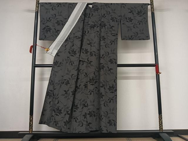 平和屋着物▽塩沢絣　単衣　110亀甲　草花文　証紙付き　正絹　逸品　AABL9116jh