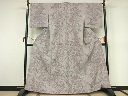 平和屋着物▽小千谷紬　単衣　草花文　正絹　逸品　AABL9121jh