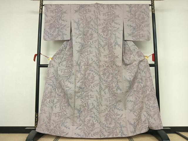 平和屋着物▽小千谷紬　単衣　草花文　正絹　逸品　AABL9121jh