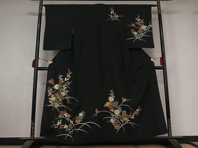 平和屋着物▽訪問着　単衣　駒刺繍　芝花文　黒地　金彩　正絹　逸品　AABL9122jh