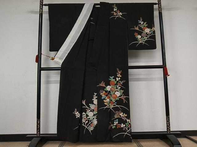 平和屋着物▽訪問着　単衣　駒刺繍　芝花文　黒地　金彩　正絹　逸品　AABL9122jh