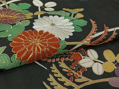 平和屋着物▽訪問着　単衣　駒刺繍　芝花文　黒地　金彩　正絹　逸品　AABL9122jh