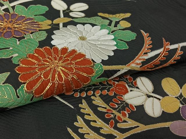平和屋着物▽訪問着　単衣　駒刺繍　芝花文　黒地　金彩　正絹　逸品　AABL9122jh