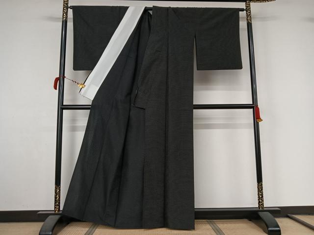 平和屋着物▽小紋　単衣　十字絣文　黒地　洗える着物　AABL9135jh