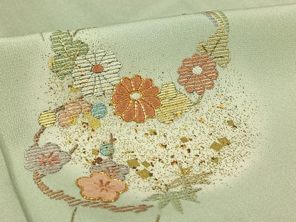 平和屋着物▽訪問着　単衣　駒刺繍　竹屋町刺繍　花丸文　暈し染め　金糸　金彩　正絹　逸品　AABL9140jh