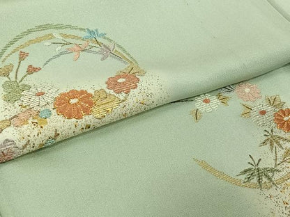 平和屋着物▽訪問着　単衣　駒刺繍　竹屋町刺繍　花丸文　暈し染め　金糸　金彩　正絹　逸品　AABL9140jh