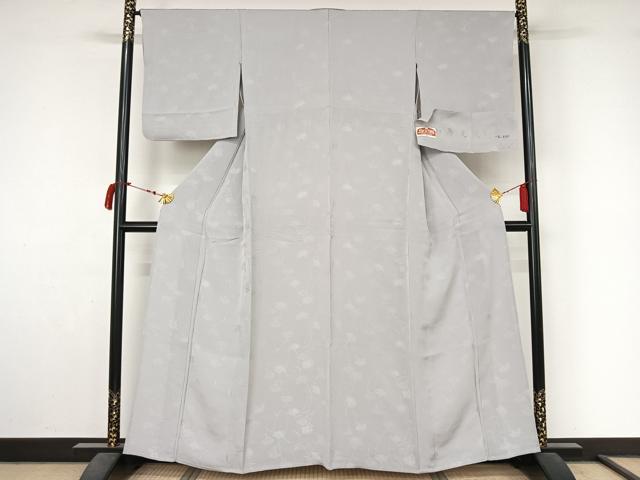 平和屋着物▽上質な色無地　単衣　寿光織　草花地紋　白梅鼠色　反端付き　正絹　逸品　AABL9141jh