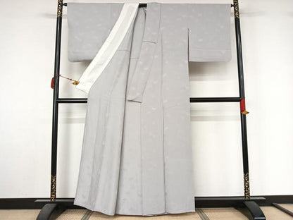 平和屋着物▽上質な色無地　単衣　寿光織　草花地紋　白梅鼠色　反端付き　正絹　逸品　AABL9141jh