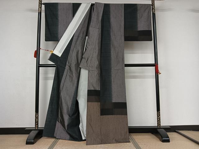 平和屋着物▽訪問着　紬　単衣　幾何学文様　正絹　逸品　AABL9142jh