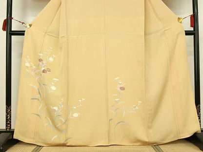 平和屋着物▽訪問着　単衣　友禅　刺繍　草花文　正絹　逸品　AABL9145jh