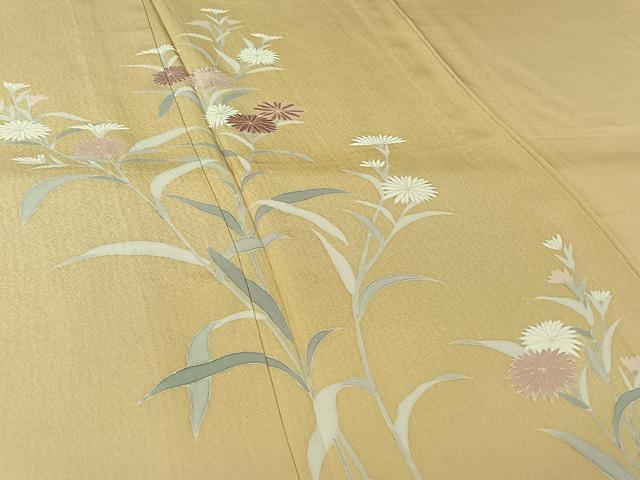 平和屋着物▽訪問着　単衣　友禅　刺繍　草花文　正絹　逸品　AABL9145jh