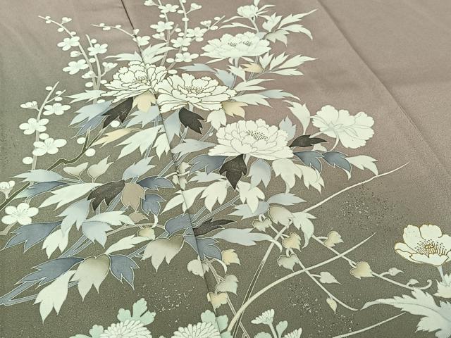 平和屋着物▽訪問着　単衣　友禅　作家物　草花文　暈し染め　金彩　正絹　逸品　AABL9149jh