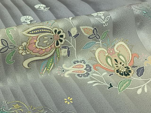 平和屋着物▽訪問着　単衣　作家物　更紗花文　暈し染め　金彩　正絹　逸品　AABL9150jh