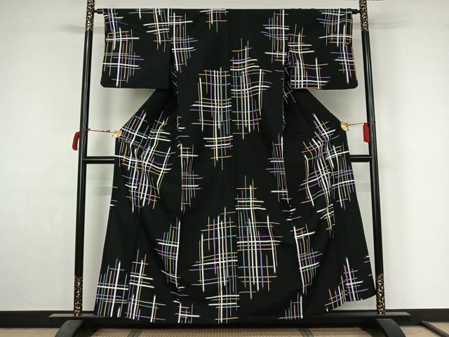 平和屋着物▽小紋　単衣　格子　洗える着物　AABL9152jh