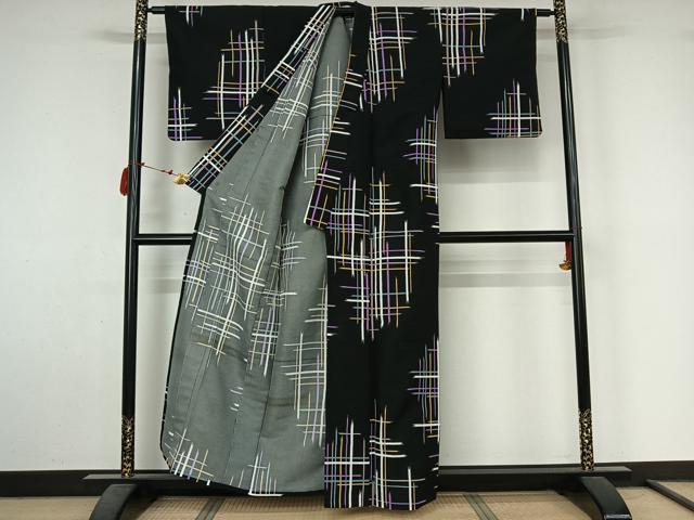 平和屋着物▽小紋　単衣　格子　洗える着物　AABL9152jh