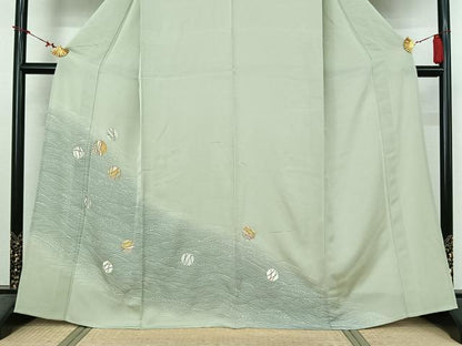 平和屋着物▽訪問着　単衣　駒刺繍　雪輪立波文　金彩　正絹　逸品　AABL9157jh