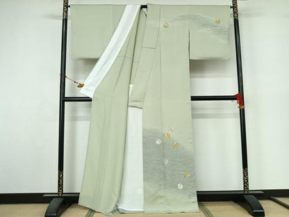 平和屋着物▽訪問着　単衣　駒刺繍　雪輪立波文　金彩　正絹　逸品　AABL9157jh