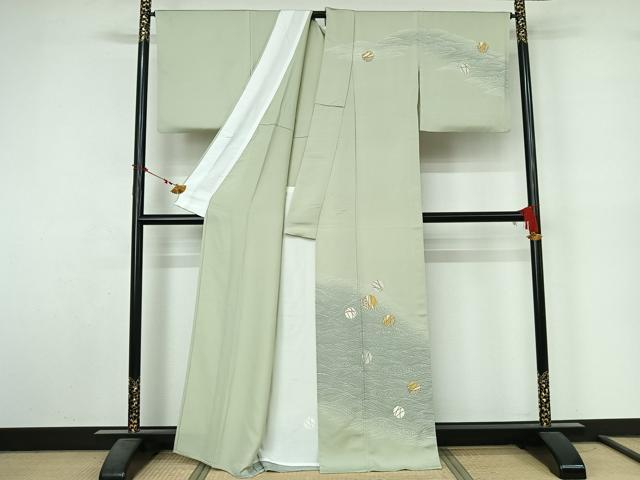 平和屋着物▽訪問着　単衣　駒刺繍　雪輪立波文　金彩　正絹　逸品　AABL9157jh