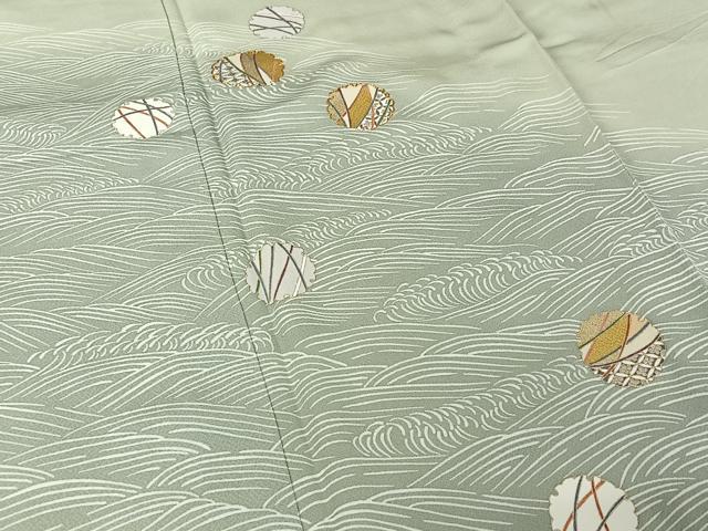 平和屋着物▽訪問着　単衣　駒刺繍　雪輪立波文　金彩　正絹　逸品　AABL9157jh