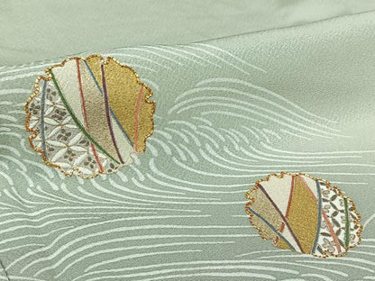 平和屋着物▽訪問着　単衣　駒刺繍　雪輪立波文　金彩　正絹　逸品　AABL9157jh