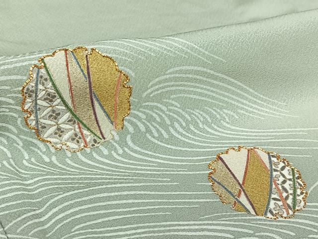 平和屋着物▽訪問着　単衣　駒刺繍　雪輪立波文　金彩　正絹　逸品　AABL9157jh