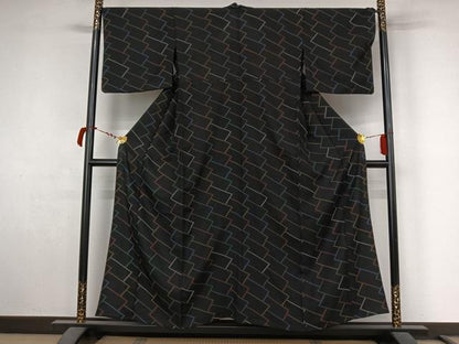 平和屋着物▽小紋　単衣　幾何学文様　黒地　洗える着物　AABL9163jh
