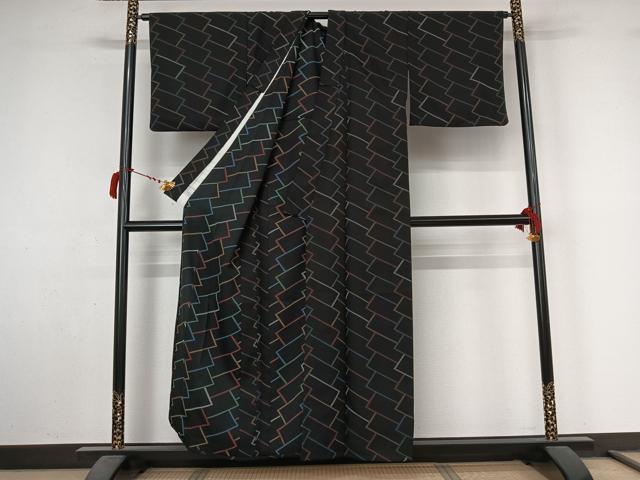 平和屋着物▽小紋　単衣　幾何学文様　黒地　洗える着物　AABL9163jh