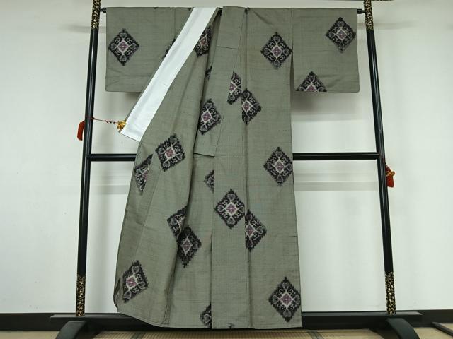 平和屋着物▽上質な紬　単衣　花菱文　正絹　逸品　AABL9170jh