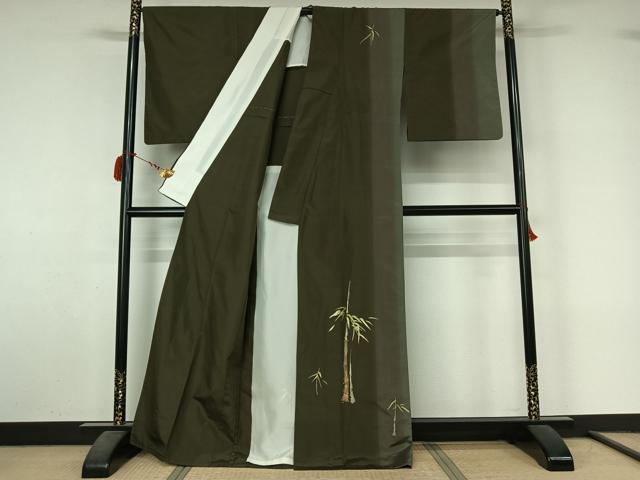 平和屋着物▽訪問着　単衣　紬地　刺繍　笹竹文　正絹　逸品　AABL9172jh