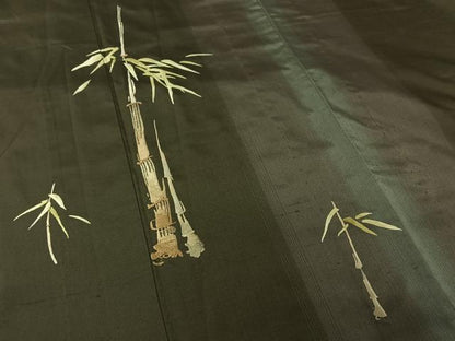 平和屋着物▽訪問着　単衣　紬地　刺繍　笹竹文　正絹　逸品　AABL9172jh