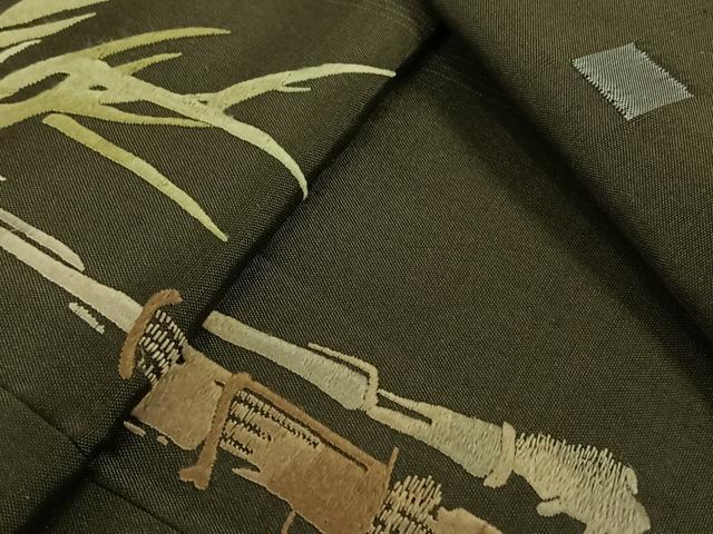平和屋着物▽訪問着　単衣　紬地　刺繍　笹竹文　正絹　逸品　AABL9172jh