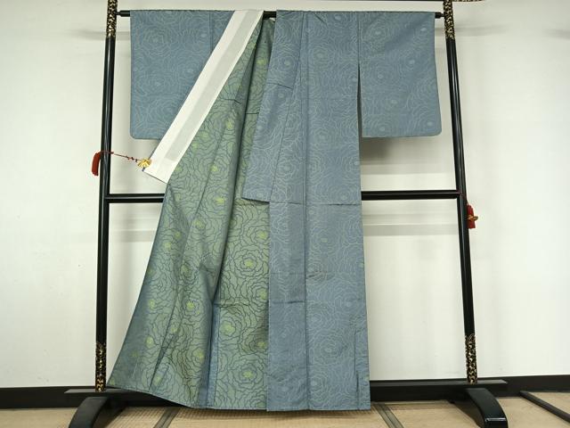 平和屋着物▽お召　単衣　花尽くし文　正絹　逸品　AABL9176jh