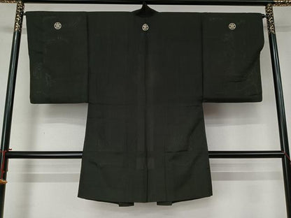 平和屋着物▽男性　黒紋付　長羽織　スリーシーズン　春夏秋　塵除け　正絹　逸品　AABL9178jh